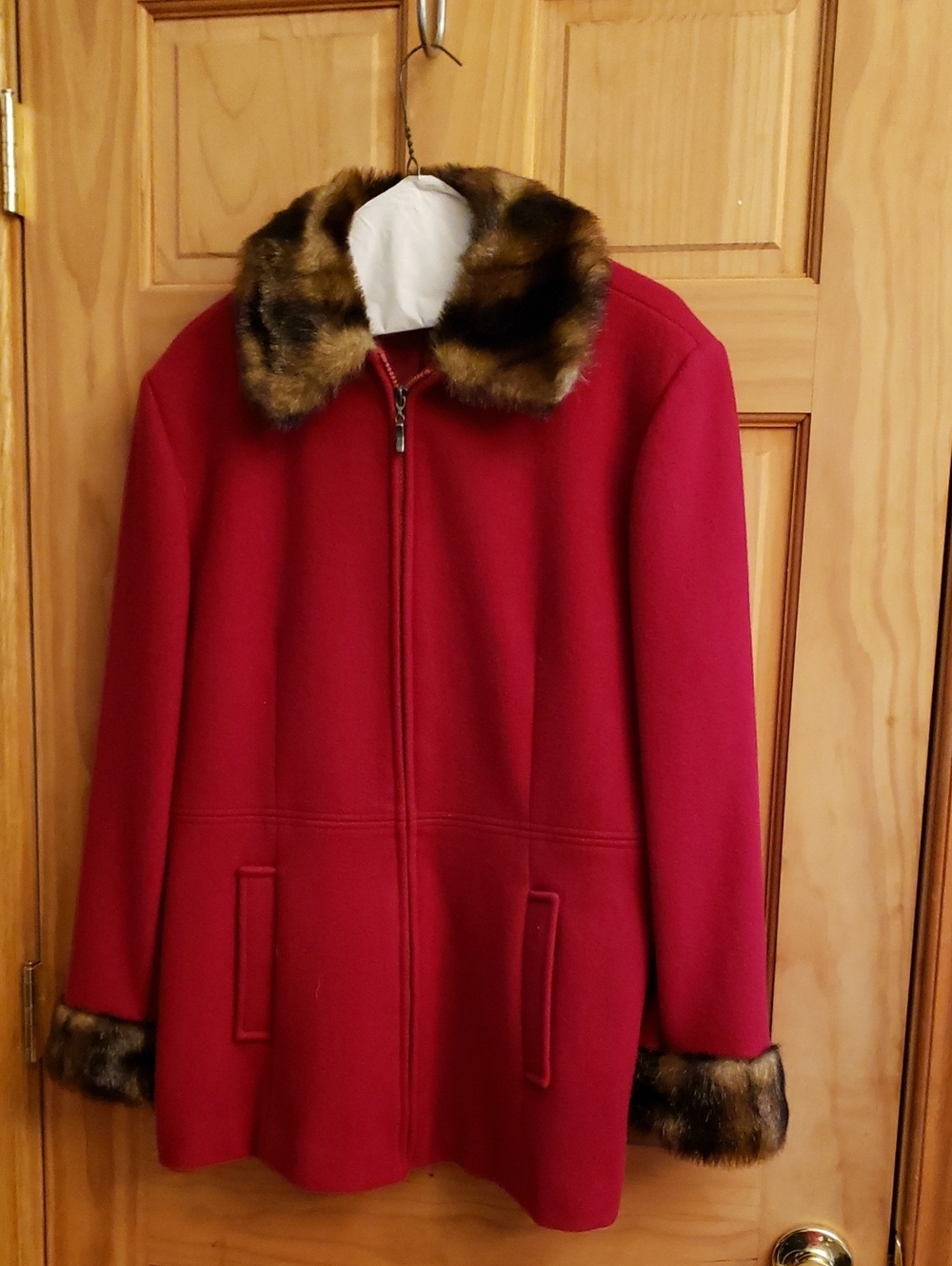 Women's Red Wool Blend Pea Coat with Faux Fur Trim
